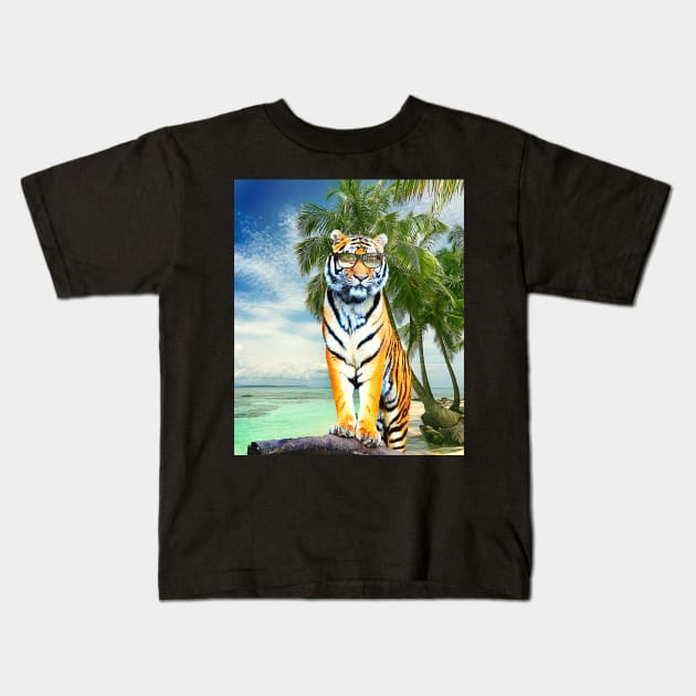 Big Cat Tiger Wearing Sunglasses On Beach Kids T-Shirt by Random Galaxy